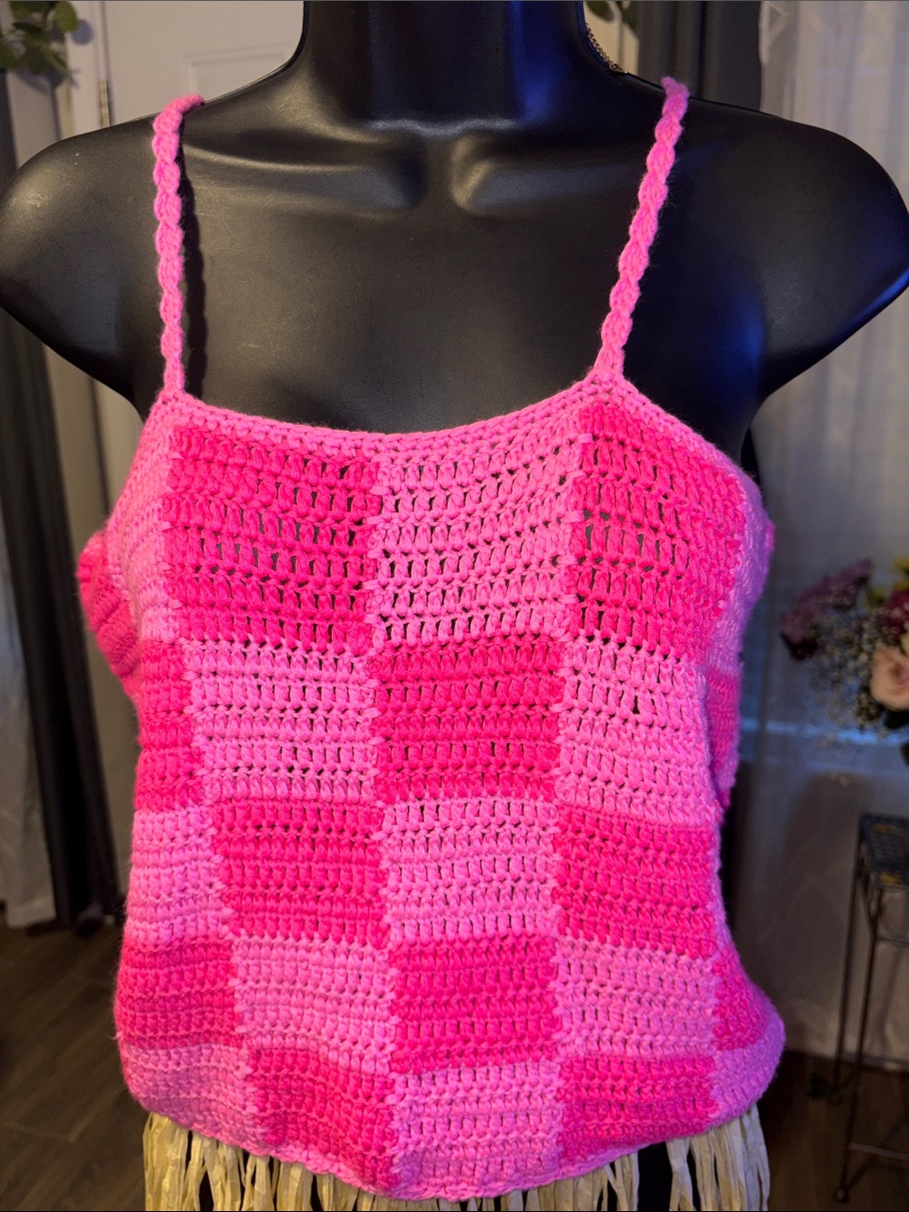 Pink Lily Crochet Pink Check Cami Top Medium